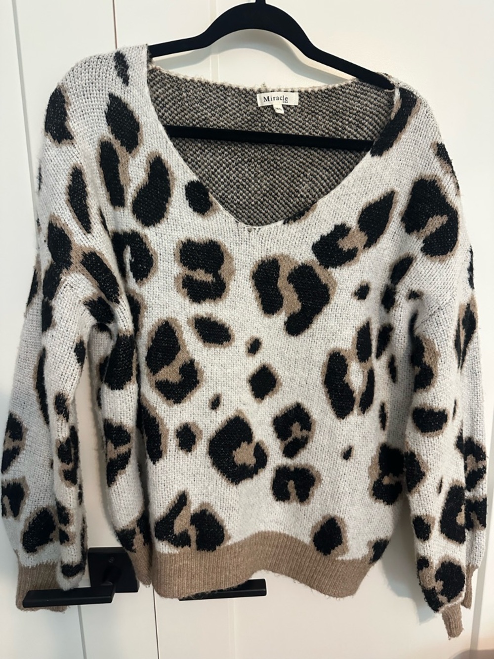 Miracle Leopard Print V-Neck Sweater in Cream, Black and Brown